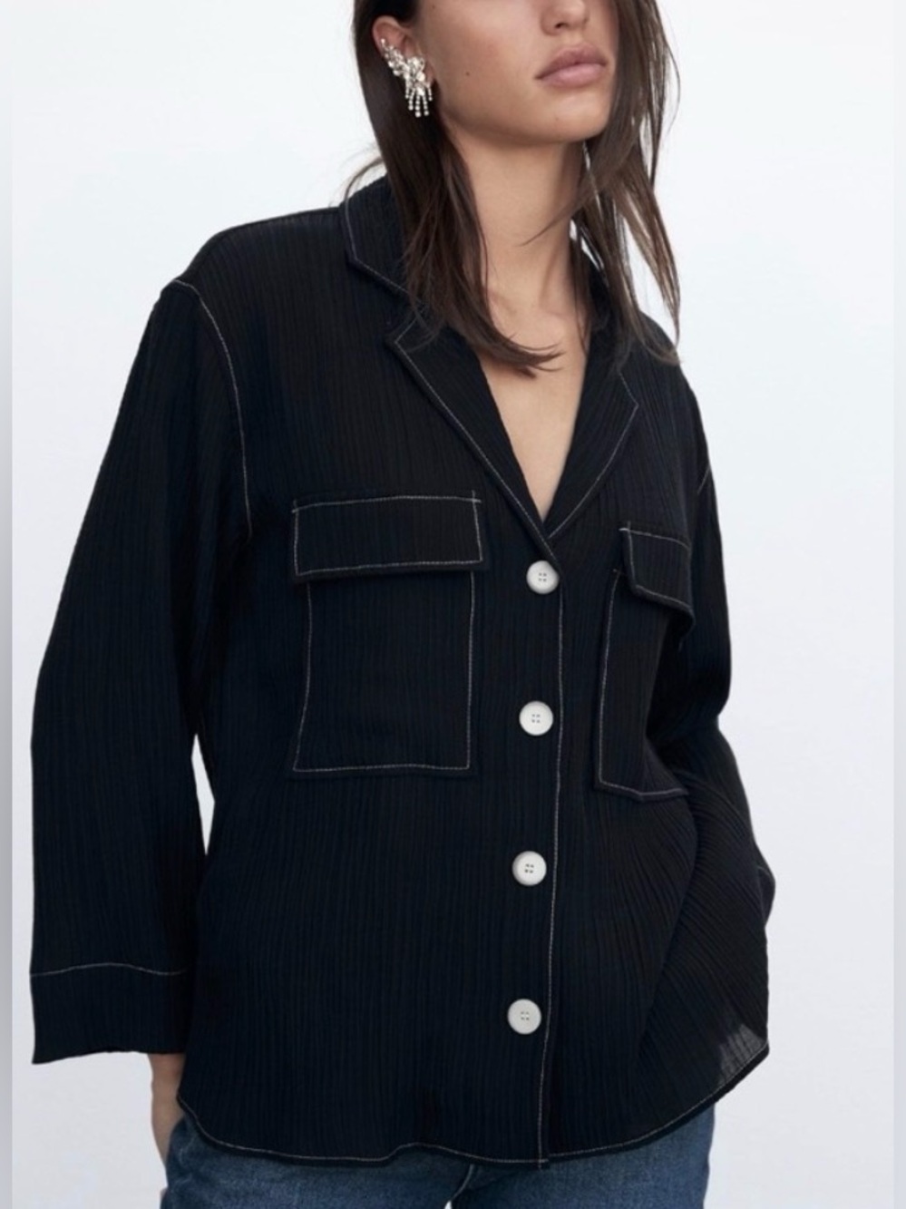 Zara Topstitched Black Blouse NWT Crinkle-Texture Long-Sleeves L